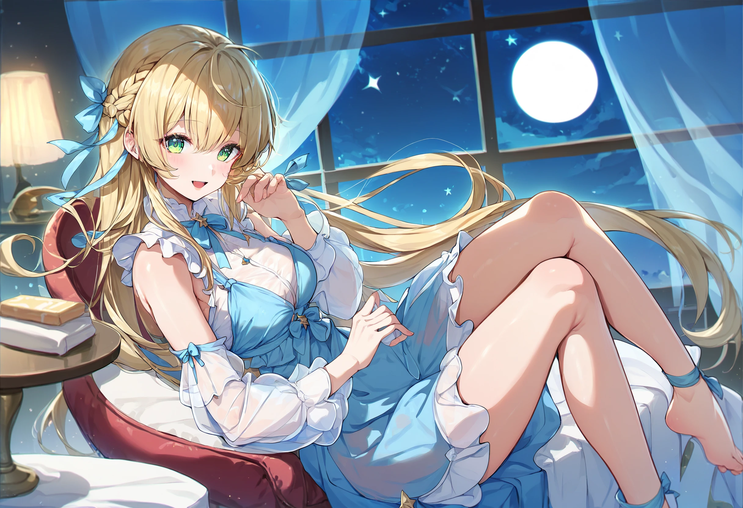 <lora:Pony_Style7256193366v5-000210:0.8>, score_9, score_8_up, score_7_up, score_6_up, score_5_up, score_4_up, 1girl, solo, dress, long hair, see-through, smile, braid, blue dress, long sleeves, moon, green eyes, blush, ribbon, sitting, window, bangs, night, hair ribbon, indoors, open mouth, sleeveless dress, looking at viewer, table, sleeveless, see-through sleeves, blue ribbon, sky, shirt, full moon, blonde hair, night sky, neck ribbon, chair, white shirt, star (sky), star (symbol), feet out of frame
