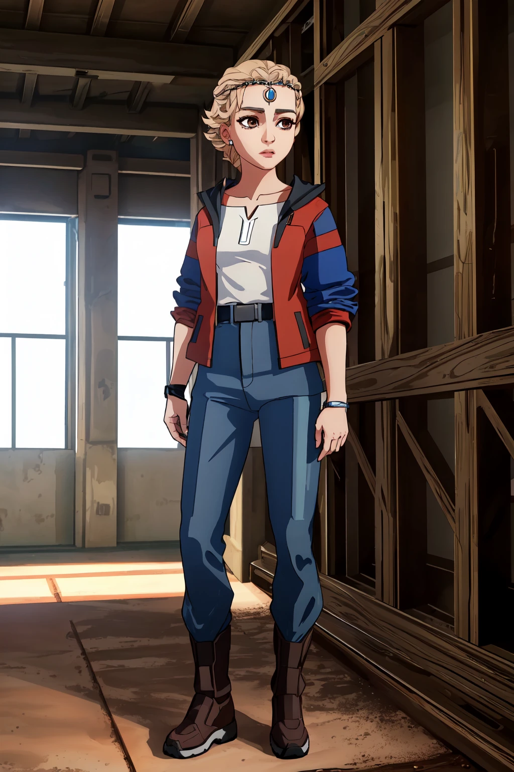 masterpiece,best quality,1girl,omegaclone,tan, <lora:Omegaclone1:1>,black eyes,shirt,jacket,pants,standing,full body,in metal tunnel,circlet,jewelry,expressionless, fcDetailPortrait