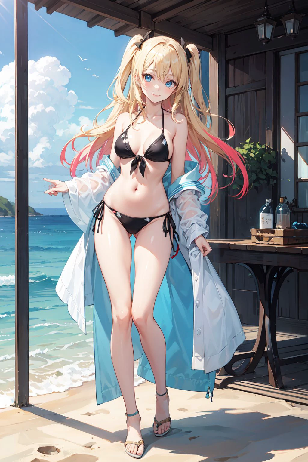 ShirakawaRuna,blonde hair,multicolored hair,bangs,one side up,long hair,blue eyes,medium breasts,gyaru,smile,(slender),(Model figure),masterpiece,best quality,official art,extremely detailed CG unity 8k wallpaper,full body,in summer sea,over the sand,beautiful lighting, cinematic lighting,day, sunlight,1girl,solo,head tilted, looking at viewer, glossy skin,contrapposto, medium breasts, navel, midriff, Colorful patterns bikini,side-tie bikini bottom,Expose thighs,Expose knees