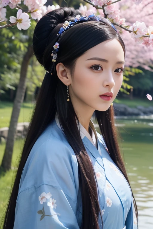 ltra-detailed,highly detailed,best quality,masterpiece,illustration,realistic,photorealistic,
sanshengmu, hanfu,
1girl, solo,
traditional clothes, chinese clothes, china dress, see-through,
very long hair, hair bun, bangs, earrings,
upper body, looking at viewer,
outdoors, nature, tree, cherry blossoms, falling petals, river, water, flower, grass,
<lora:sanshengmu_v1_04:0.7>