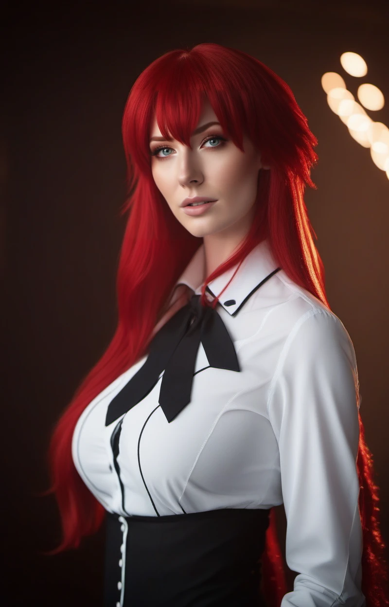 cinematic photo a redhair woman, large breast, very long hair, kneehighs, white shirt <lora:RiasGremory1024_r2:0.8> . 35mm photograph, film, bokeh, professional, 4k, highly detailed
