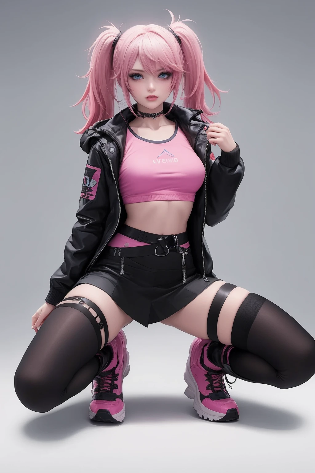 1girl,twintails,solo,pink hair,jacket,skirt,breasts,cyberpunk,thighhighs,long hair,gradient hair,navel,blue hair,blue eyes,multicolored hair,boots,thigh strap,midriff,looking at viewer,black skirt,full body,squatting,spread legs,, best quality,masterpiece,highres,official art,extremely detailed cg unity 8k wallpaper,