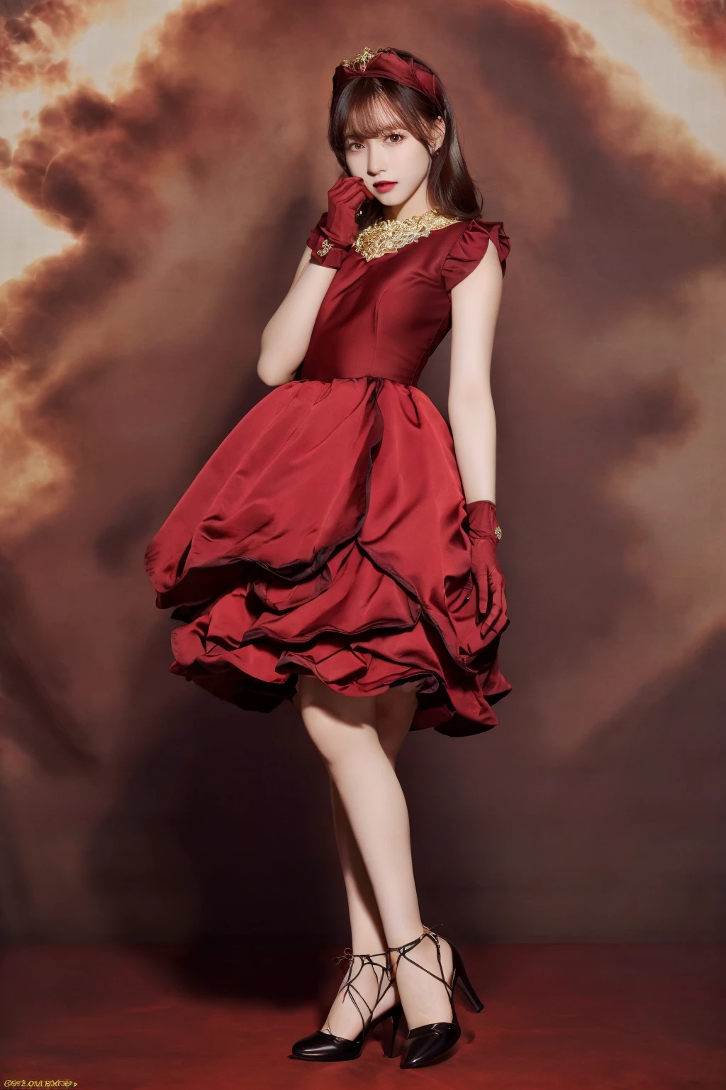 ((best quality)), absurdres, ((ultra high res)), perfect face, beautiful face, red dress, red gloves, black shoes, perfect female body, perfect skin, soft skin, <lora:sayonaraa:0.7>