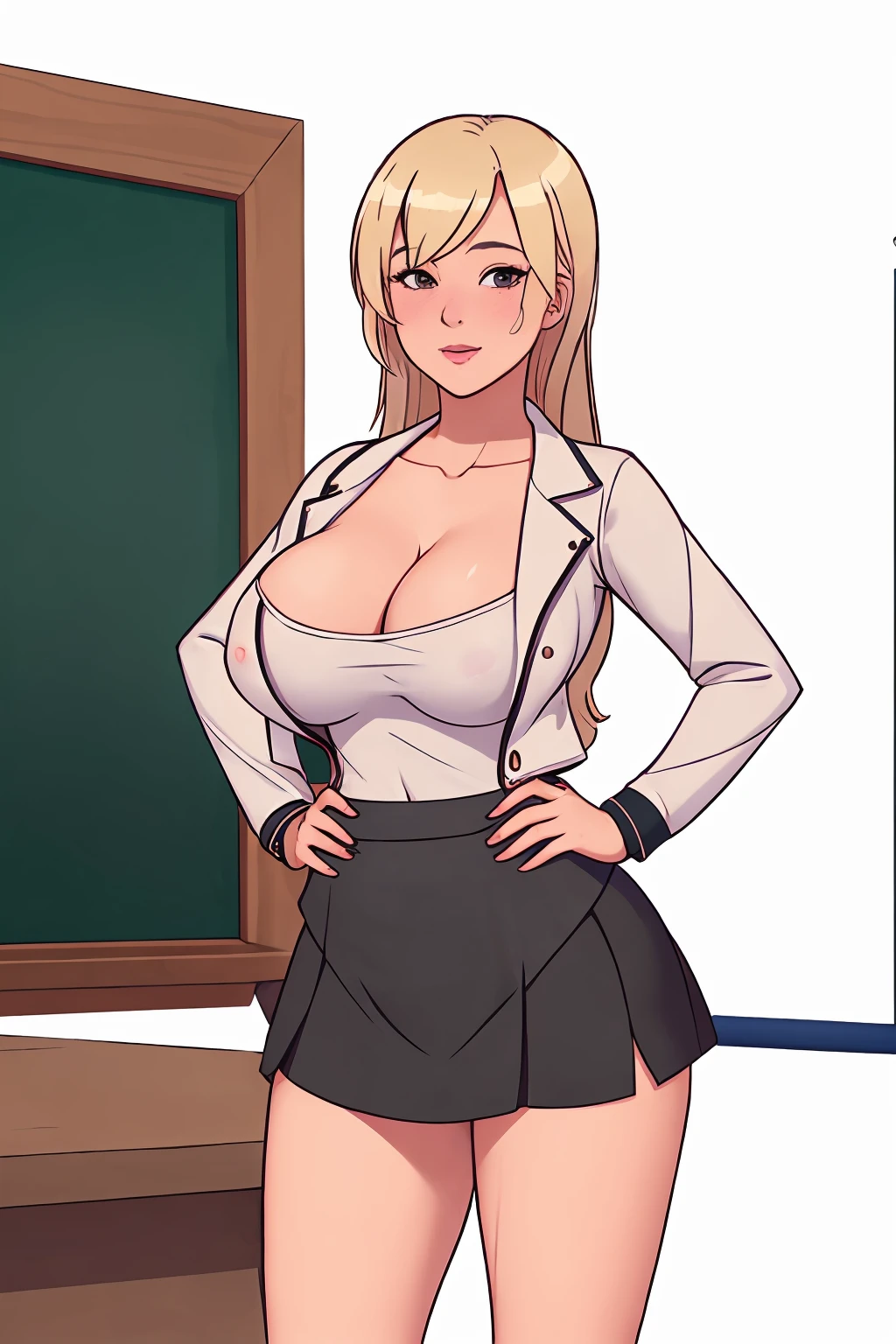 emmi, woman,  solo, long hair, breasts, bangs, skirt, blonde hair, large breasts, shirt, long sleeves, holding, cleavage, collarbone, jacket, miniskirt, english text, hand on hip, pencil skirt, chalkboard, teacher, pointer, sperm cell
 <lora:countrylives-v1:0.8>