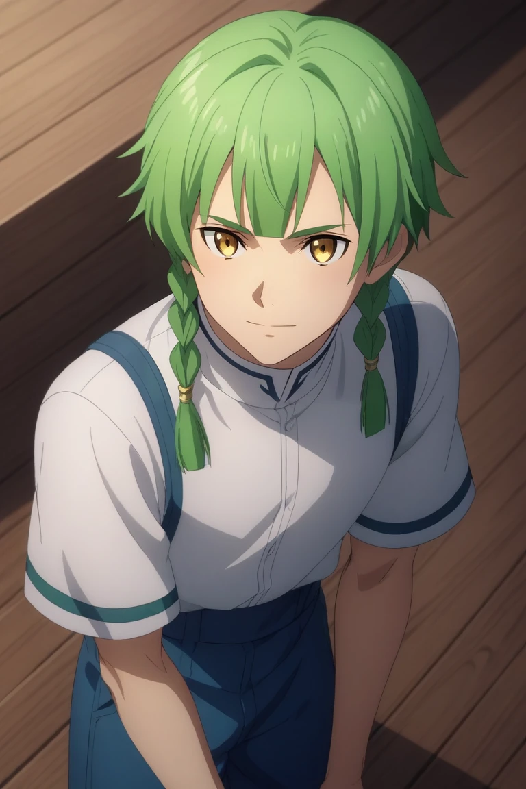 score_9, score_8_up, score_7_up, source_anime, rating_safe, intricate details, anime screencap, anime coloring, official style, , depth of field, 1boy, solo, male focus, <lora:renly_sao_pony:0.82>, renly_sao, green hair, yellow eyes, short hair, braid, bangs, twin braids, sidelocks, from above, boat, ship, day, sunny, legs together, light smile, ,, <lora:sdxl_lightning_8step_lora:1>