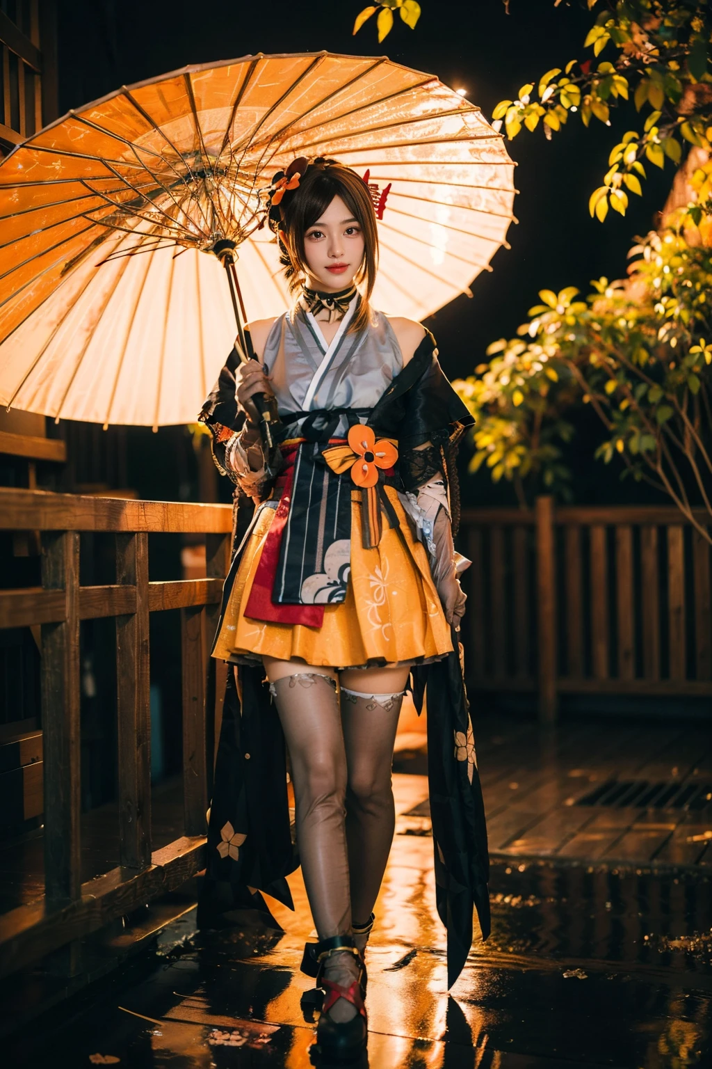 1girl, solo, long hair, looking at viewer, bangs, skirt, blue hair, hair ornament, holding, short sleeves, Purple skirt, umbrella, holding umbrella.( orange theme:1.9), <lora:Sexy_Qipao:0.8>