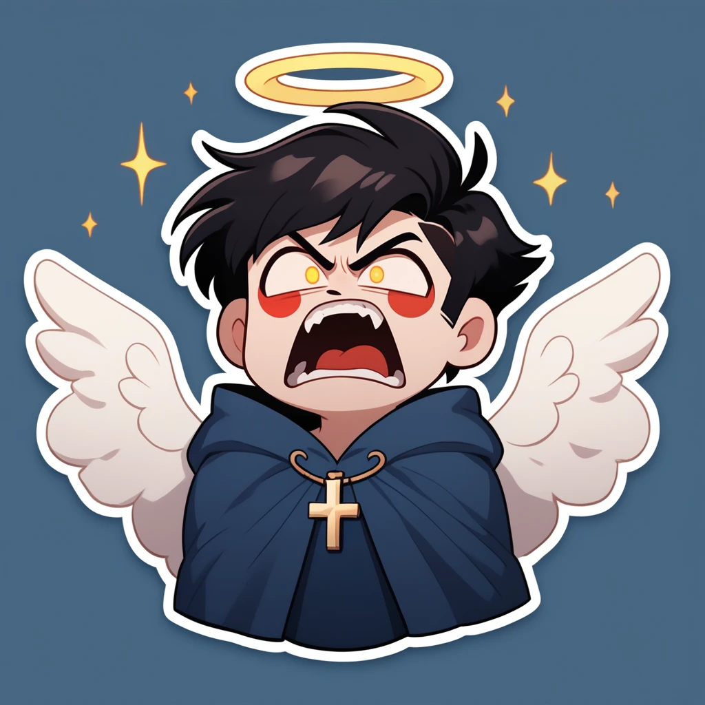 Adam the first, 1boy, angel, black hair, cross, halo, spiky hair, male focus, cloak, blue shirt, blue theme, arms wide open, yelling, emotional, open mouth, short hair, angel wings, glowing, solo, yellow eyes, HashbinPnyXL PonyXLV6_Scores, twitch emote, chibi, outline, sticker, <lora:NijiEmotePDXL:1>