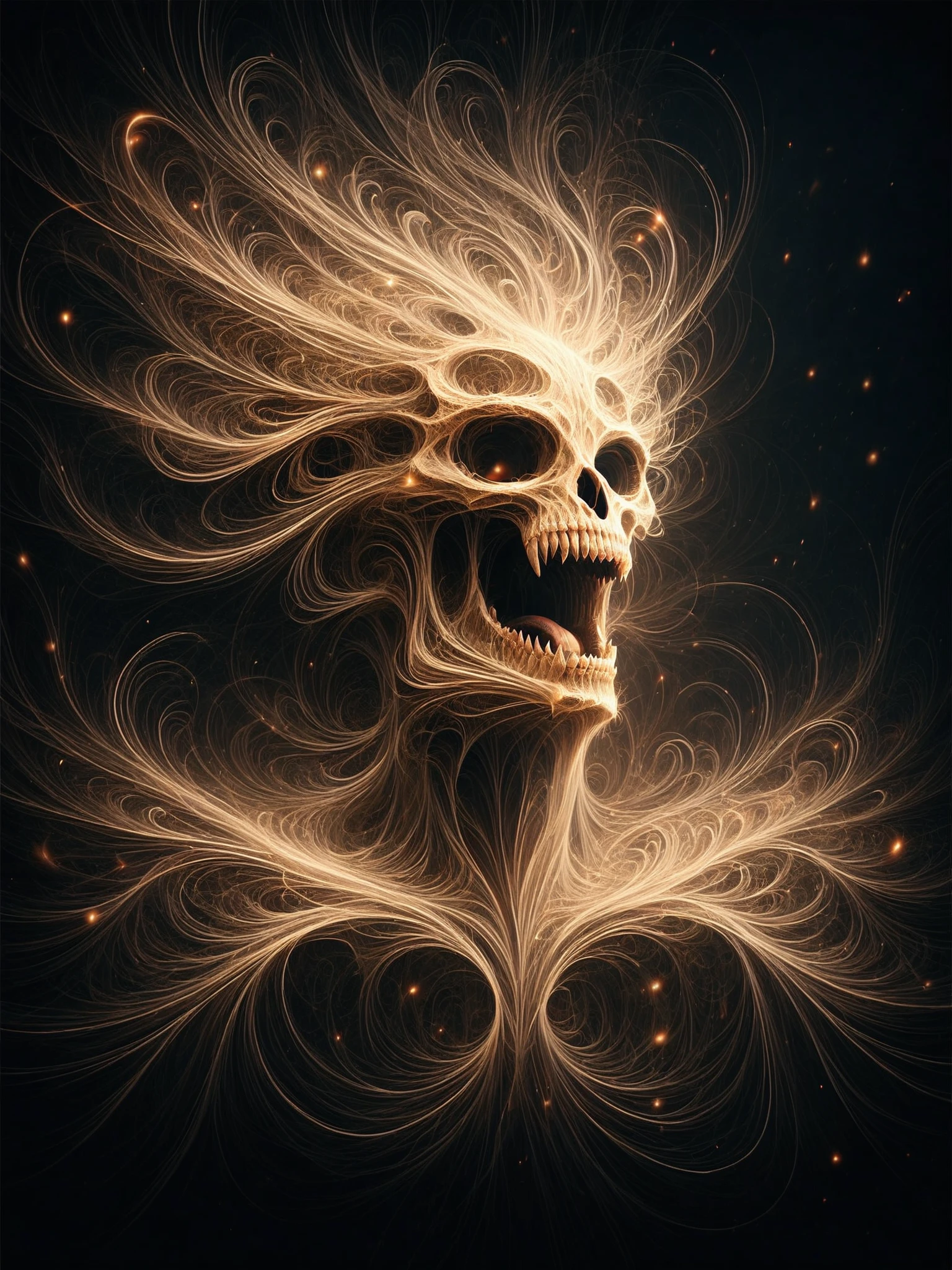 score_9, score_8_up, score_7_up, (floating skull:1.2) englufed by wisps of flames, laughing, cinematic shot, dramatic lighting <lora:Wisps_of_Light_Pony:0.7>
