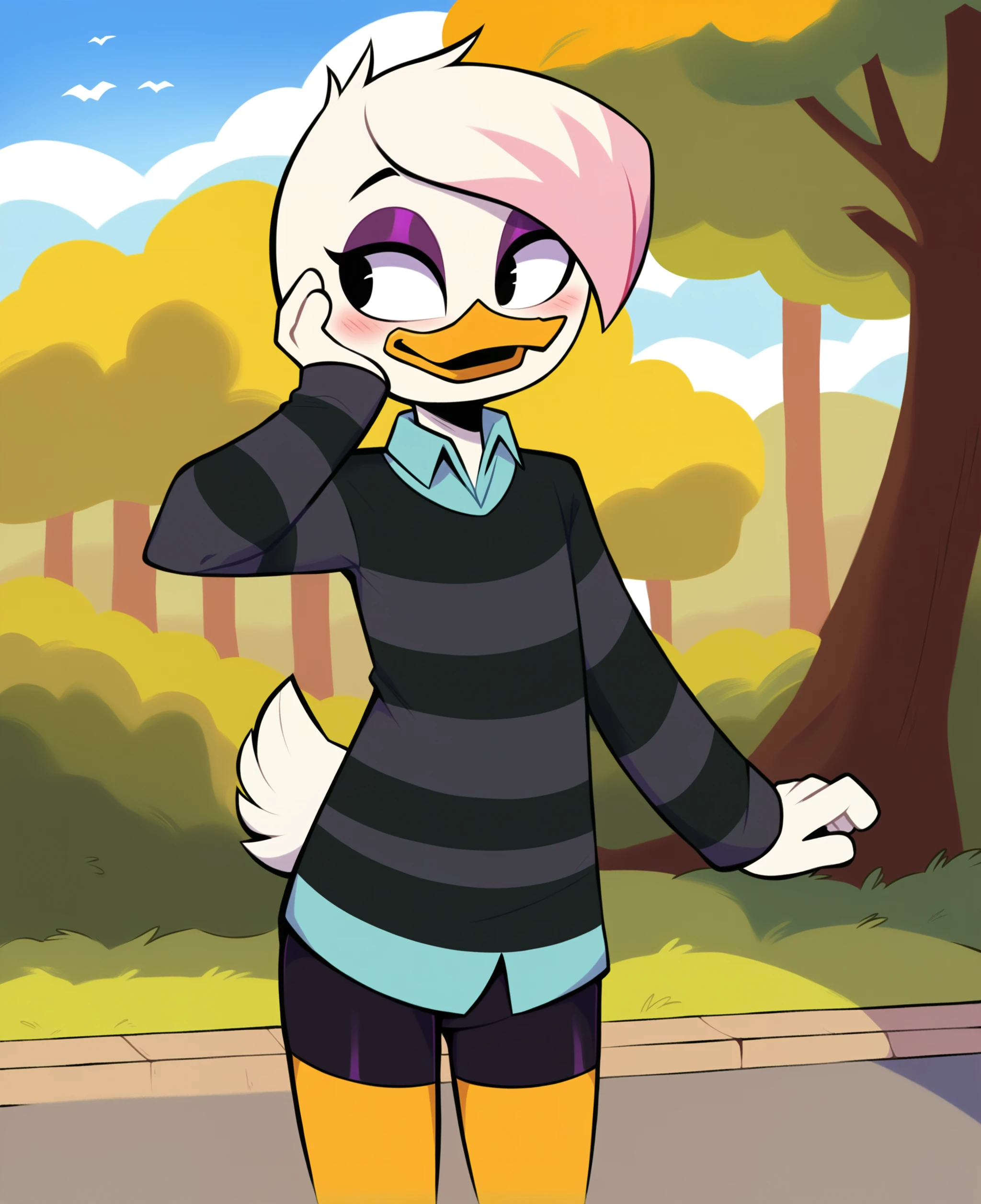 score_9, score_8_up, score_7_up, score_6_up, best quality, highres, source_furry, BREAK
drocll, BREAK
1girl, female, solo, furry, outside, cloud, tree, park, duck, beak, lena sabrewing, young, , white skin, white hair, pink highlights, short hair, black eyes, looking away, blush, open smile, blush, orange legs, purple eyeshadow, bottomless, dress shirt, dark clothing, striped sweater, long sleeves, hand on own face, bike shorts <lora:Lena_Sabrewing:1>