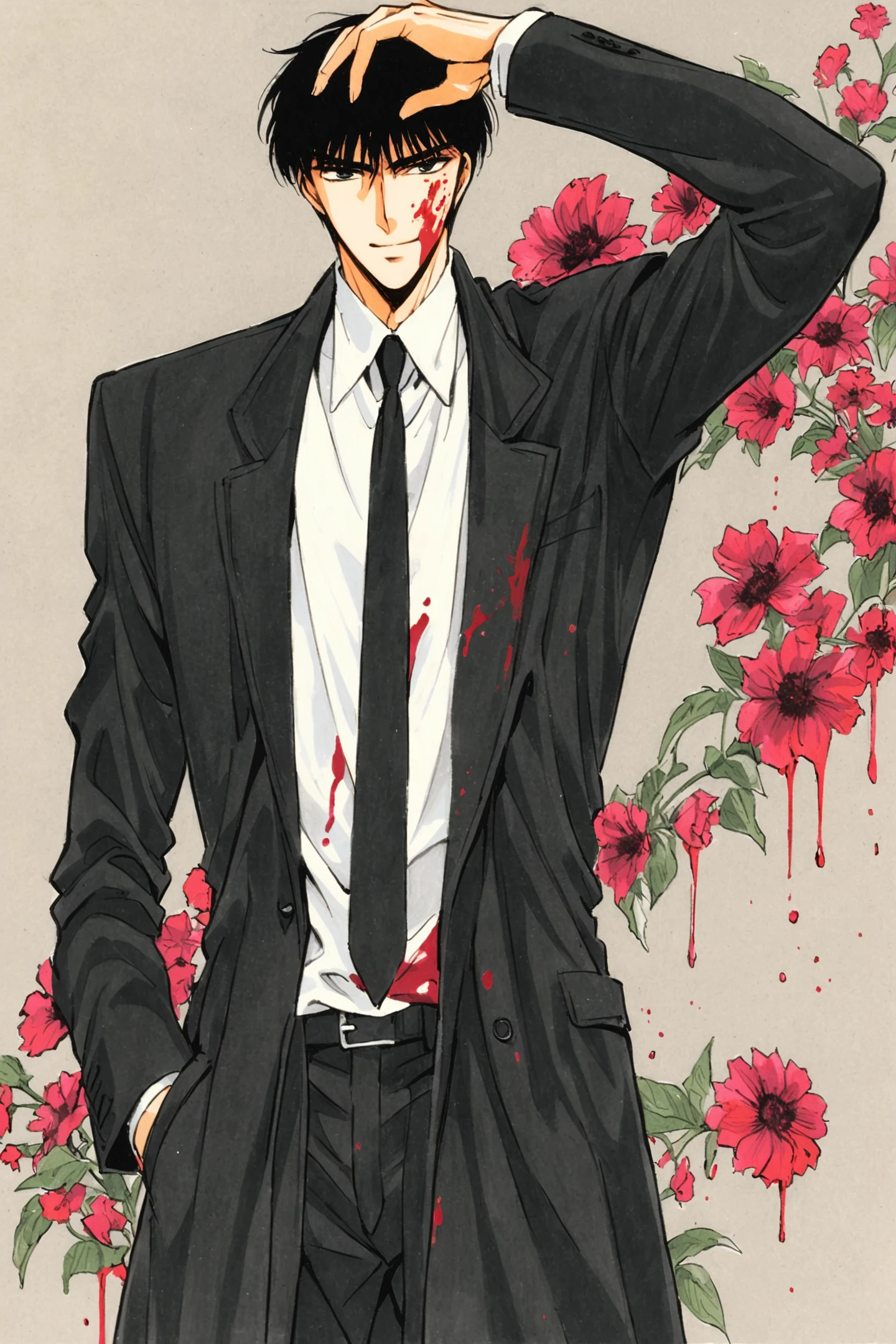 Seishiro Sakurazuka,1boy,blood,male focus,black hair,solo,necktie,hand in pocket,blood on clothes,weapon,coat,arm up,black coat,formal,suit,looking at viewer,blood on face,flower,smile,shirt,white shirt,black necktie,traditional media,<lora:Tokyo Babylon_XL:0.8>,