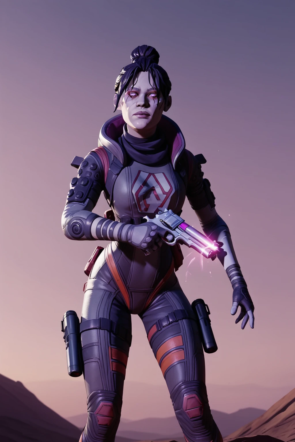 PonyXLV6_Scores , 1girl, aiming bodysuit, cyberpunk, finger on trigger, glowing, gun, hair bun, handgun, holding, holding gun, holding weapon, purple sky, revolver, solo, weapon, wraith \(apex legends\), science fiction, purple theme, ultrasharp, <lora:ApexLegendsPDXL:1>