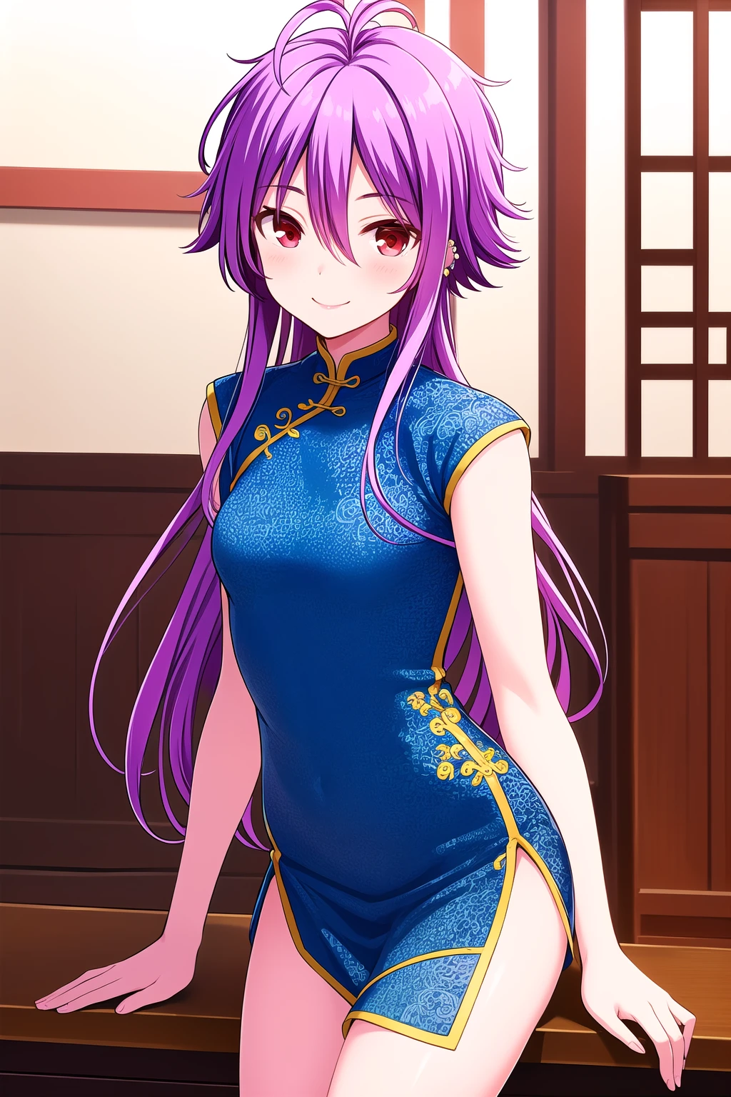 (masterpiece, best quality), highly detailed background, perfect lightingbest quality, shinonomerei, solo, indoors, purple hair, antenna hair, hair between eyes, long hair, messy hair, red eyes, ear piercing, small breasts, blue dress, china dress, chinese clothes, smile, closed mouth, :), pink lips, <lora:Shinonome-Rei:0.7>