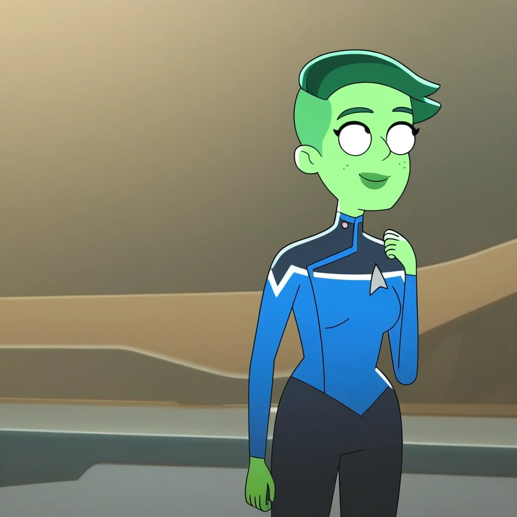 Tendi, 1girl, green skin, short hair, in a starship, smiling