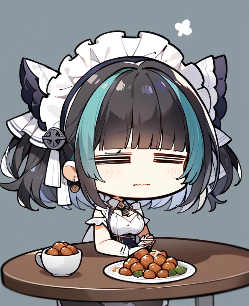 1girl,solo,chibi,chibi only,
cheshire_(azur_lane),1girl,multicolored_hair,streaked_hair,solo,=_=,maid_headdress,food,black_hair,animal_ears,frilled_ribbon,closed_eyes,simple_background,bangs,fake_animal_ears,white_background,earrings,table,blunt_bangs
masterpiece,best quality,very aesthetic,absurdre,<lora:sdxl_style_komowataharuka_adamw_fp8_kohakuep-V1.4-000008:1>,