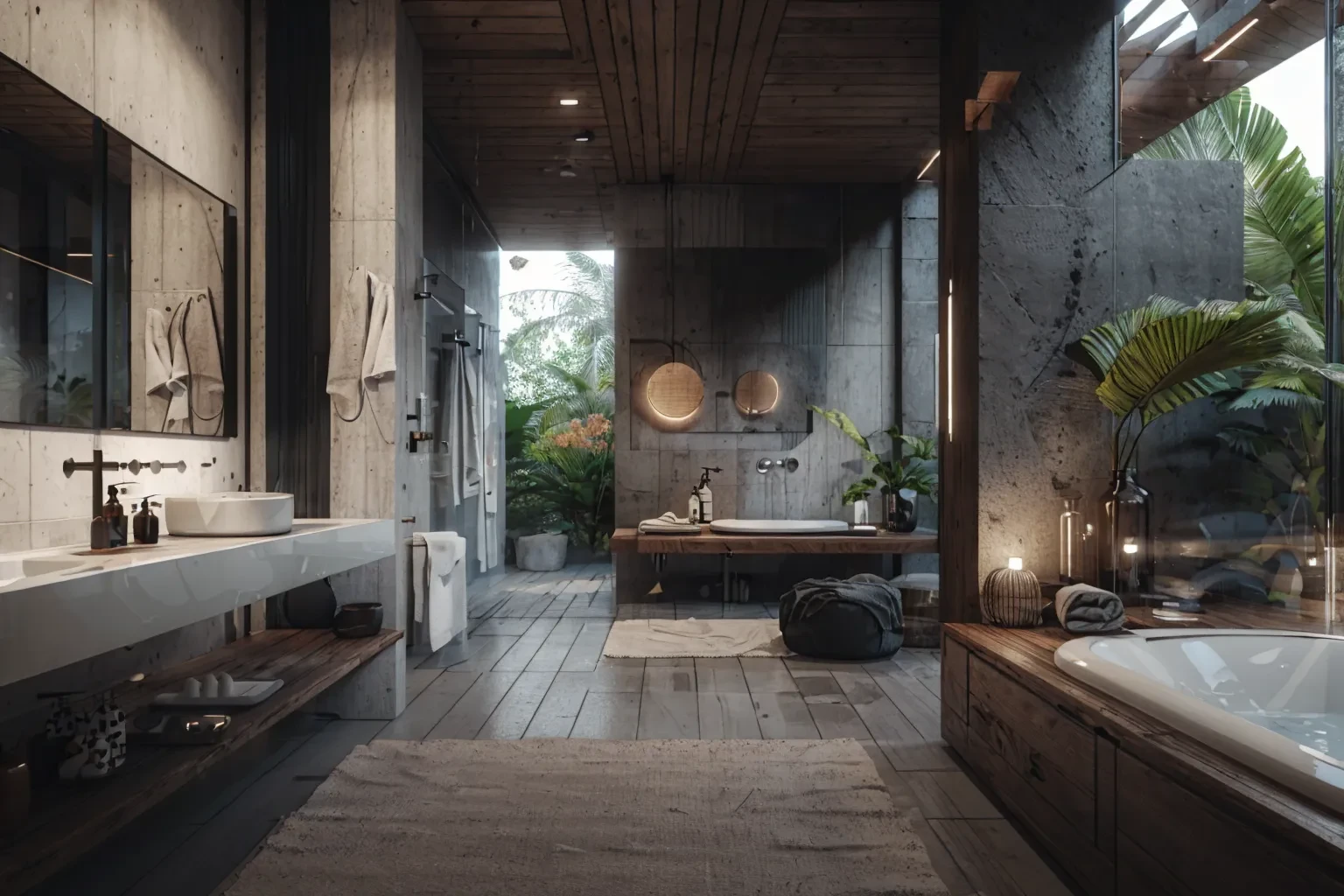 photo, interior, (bathroom:1.2), tropical brutalism, potted plan, large mirror, concrete wall, wooden furniture, concrete basin, towel, rug, stool, shower, bathtub, natural light, wide angle, window, tiling wall, sink, faucet <lora:AIDVN_tropical_brutalism_interior:0.5>