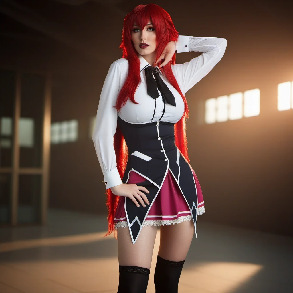 cinematic photo a full body redhair woman, large breast, necktie, cleavage,very long hair, kneehighs, high heels, miniskirt, white shirt <lora:RiasGremory1024_r2:0.8> . 35mm photograph, film, bokeh, professional, 4k, highly detailed