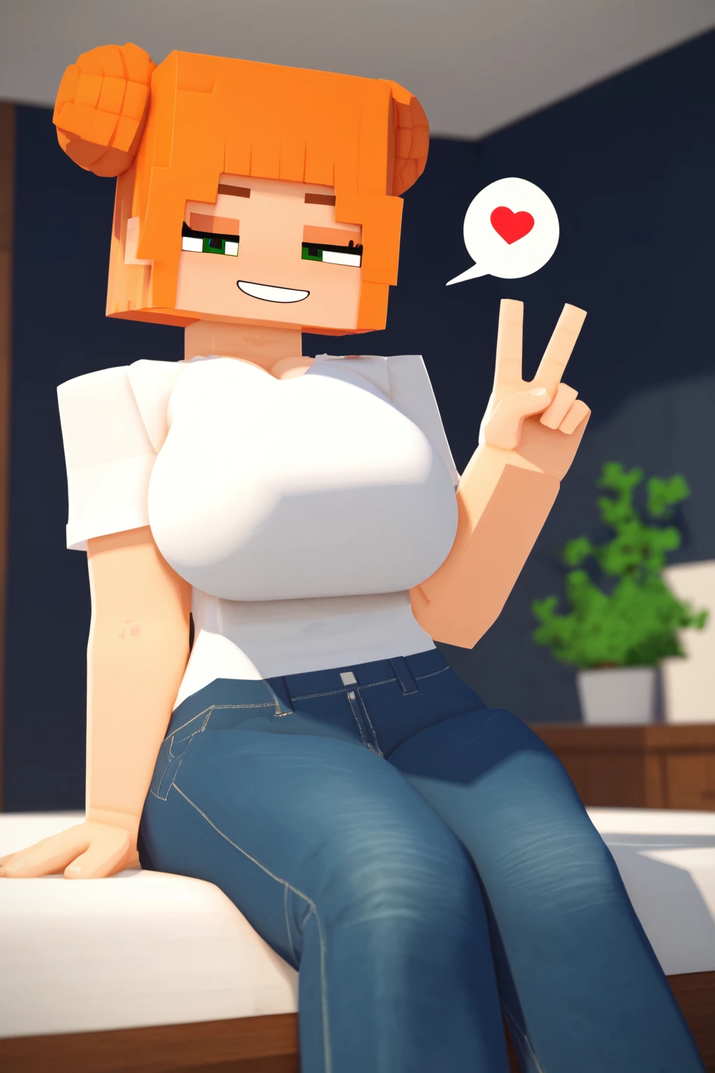 score_9, score_8_up, score_7_up, score_6_up, score_5_up, score_4_up, 3d, sitting, on bed, indoors, bedroom, cowboy shot BREAK 1girl, solo, looking at viewer, smile, large breasts, hair bun, double bun, green eyes, white shirt, orange hair, t-shirt, jeans, half-closed eyes, peace sign, spoken heart <lora:mcnsfwv7_8dim_pdxl:1>