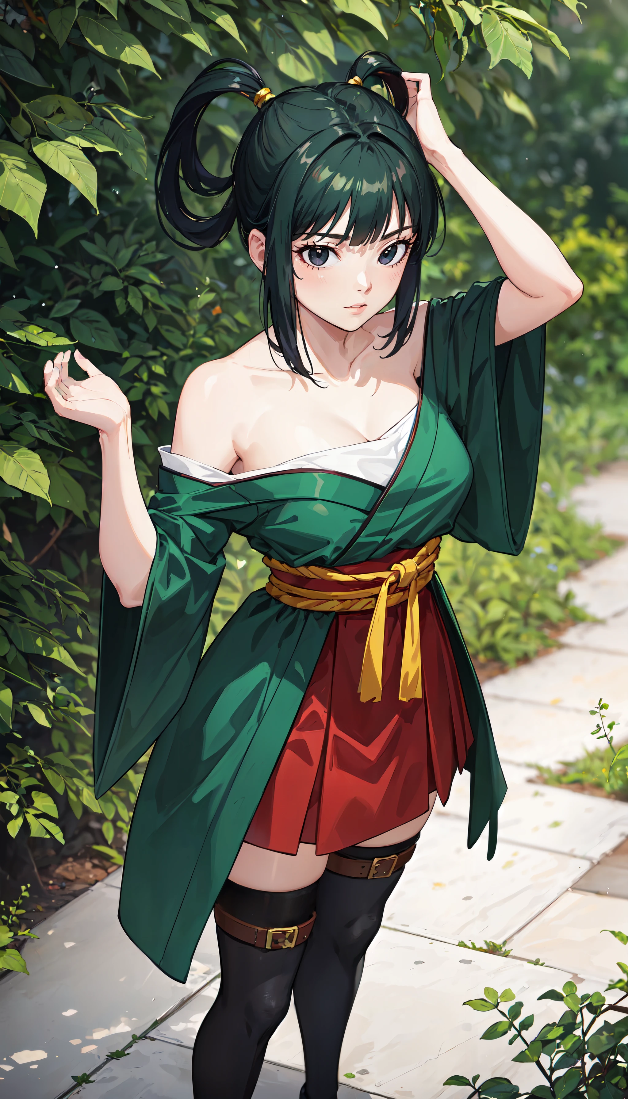 photorealistic, (4k), depth of field, (Masterpiece), (realistic skin texture), extremely detailed, intricate, hyper detailed, professional photography, bokeh, high resolution, sharp detail, best quality, girl, dark green hair, hair rings, sidelocks, black eyes, green kimono, (sarashi:1.3), bare shoulder, red skirt, thighhighs,  <lora:GoodHands-vanilla:0.4>, <lora:detail_slider_v4:0.8> , dynamic pose, (hands above her head),  <lora:Yurin-000004:0.7>, forest, overgrown, vines, tall grass,