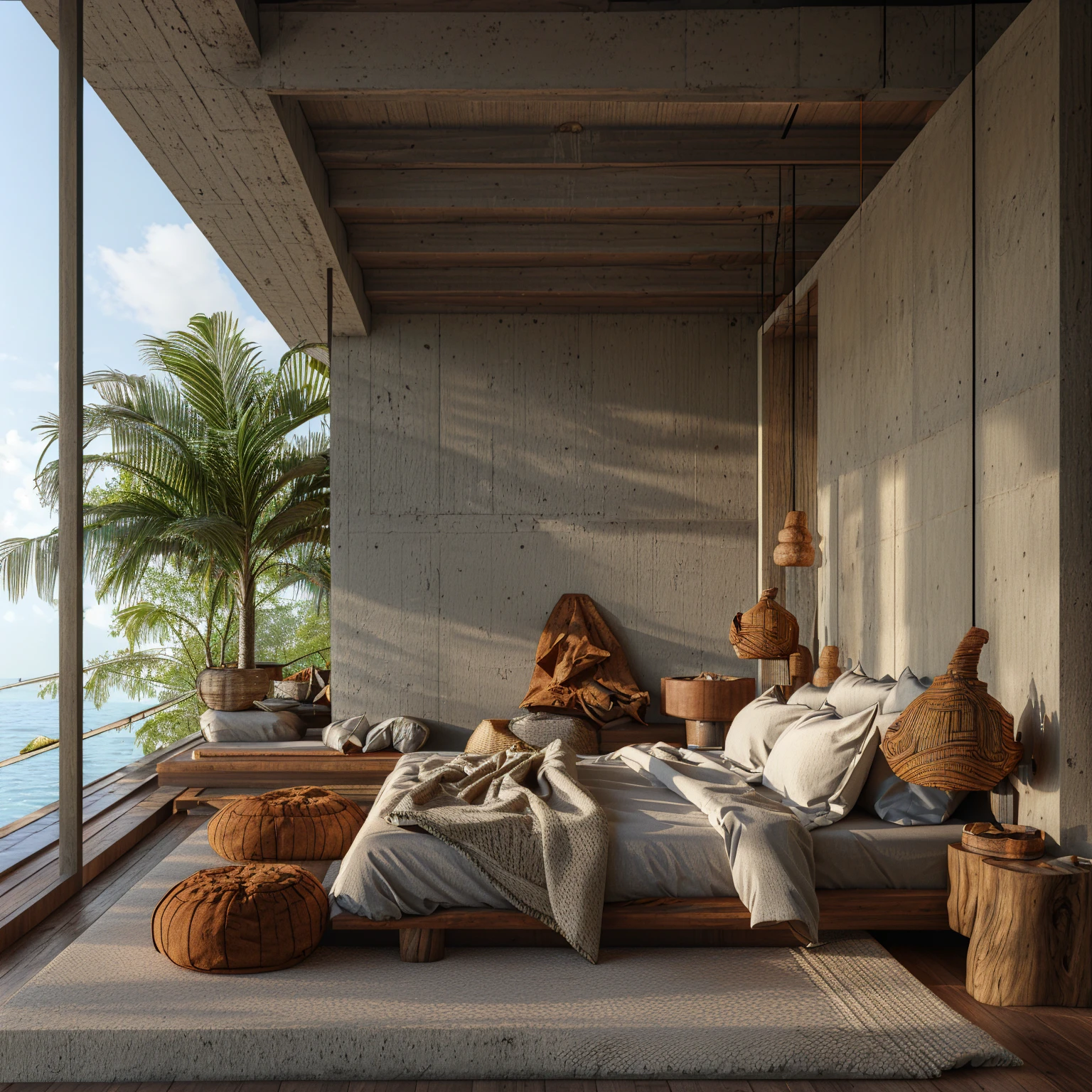 photo, interior, bedroom, tropical brutalism, bed, potted plan, aggregate concrete ceiling, aggregate concrete wall, wooden furniture, hammock, woven rug, cushion, nightstand, lamp, curtain, natural light, wide angle, tall window, bed, chair, table <lora:AIDVN_tropical_brutalism_interior:1>