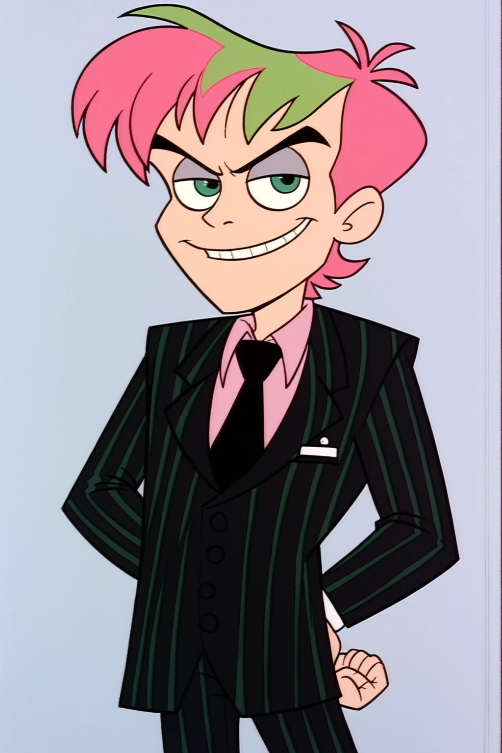 PonyXLV6_Scores , bugjuice style, Beetlejuice, Beetlejuice, Beetlejuice, Alex Brightman, 1boy, solo, male focus, green eyes, short hair, two tone hair, green hair, dyed bangs, pink hair , smirk, white suit, two tone suit, black suit, striped suit, formal, pink shirt, tie, collard shirt, <lora:BugJuicePDXL:0.8>
