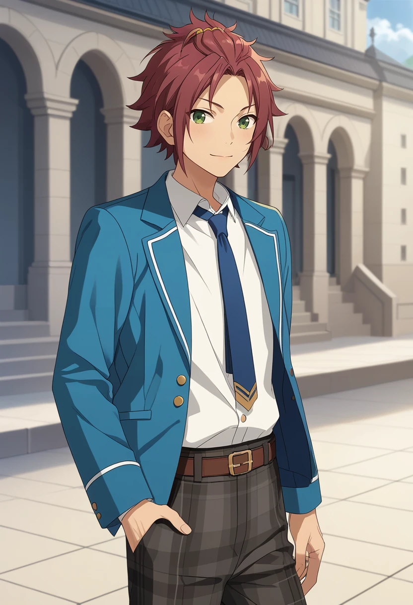 score_9, score_8_up, score_7_up, masterpiece, best quality, cute, male focus, solo, mao isara, red hair, green eyes, blue jacket, blue necktie, white shirt, plaid pants<lora:EMS-364714-EMS:1.000000>