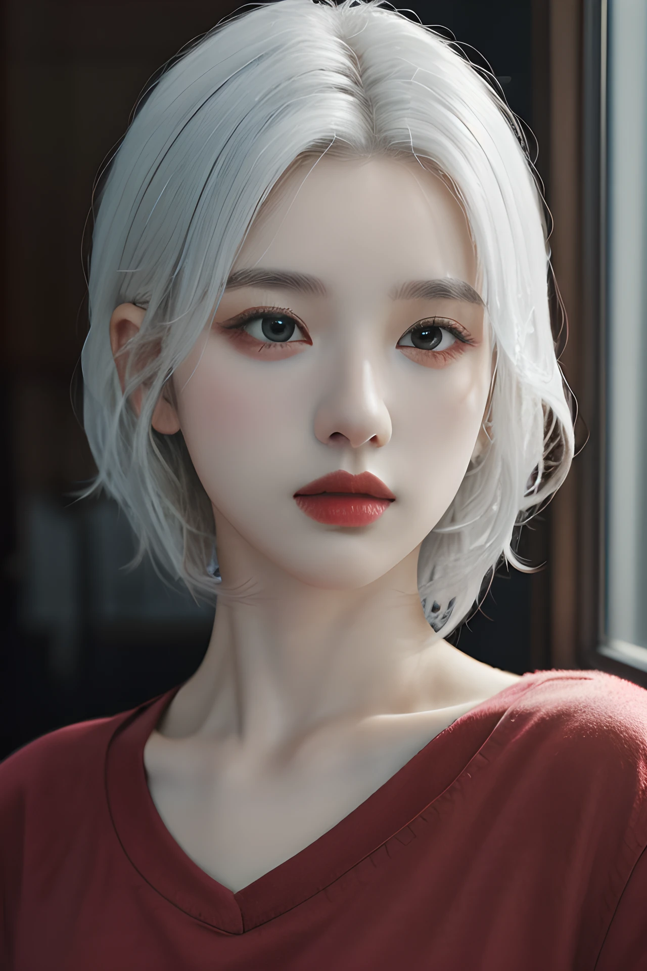 (4k, best quality, highres, absurdres, masterpiece:1.21), (realistic:1.331), detailed and intricate,
1girl, white hair, red shirt, <lora:girlslike_zjy:0.7>