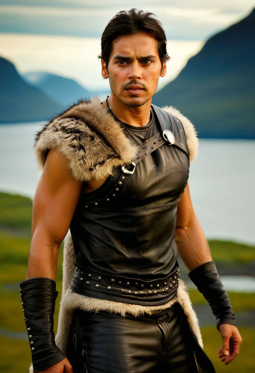 Ultra-detail, (highres:1.1), best quality, (masterpiece:1.3), Miles Gaston Villanueva a man <lora:dino-morea_Miles-Gaston-Villanueva:1>, a Viking warrior prince wearing fur and leather armor rags rising above a battlefield, scales, handsome 23yo Norway male model, dynamic posture posing, full-body from above, dramatic angle. hairy body, skinny muscled, perfect biceps, great pecs, thin waist, perfect jawline, strong and powerful, sporty, great detail, satisfaction,