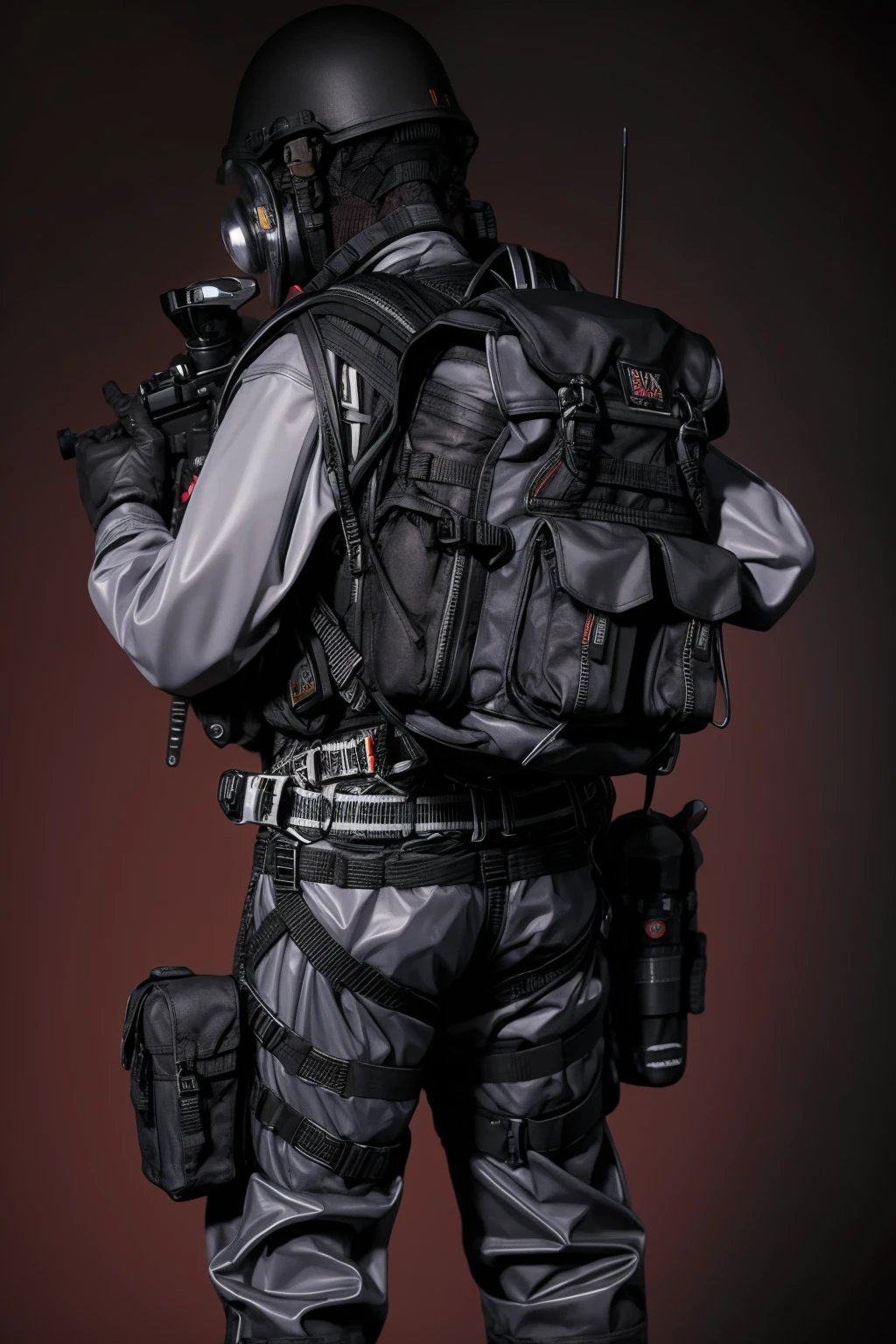 solo,1Girl,full body,red background,standing split,,ruanyi0524,backpack,belt,boots,bulletproof vest,gas mask,helmet,gloves,tactical clothes,<lora:0524 navy tactical uniform_v1:1>, best quality,masterpiece,highres,official art,extremely detailed cg unity 8k wallpaper