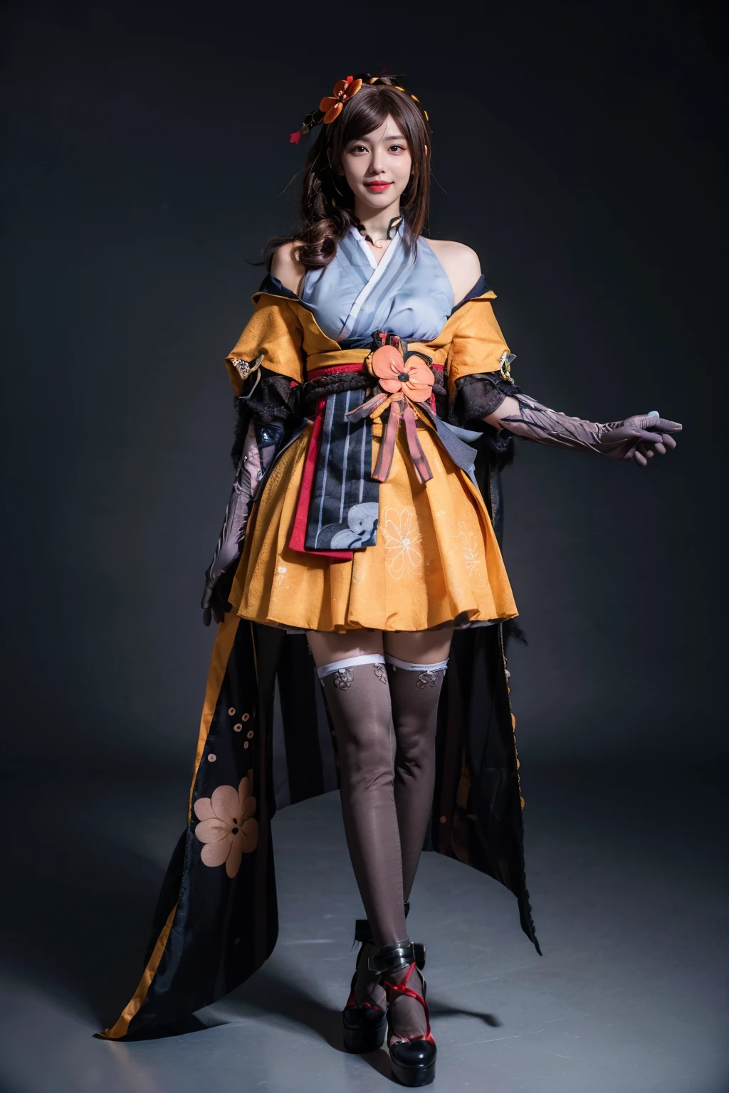 best quality, masterpiece, realistic, photorealistic, 1girl, solo, looking at viewer, smile, standing, full body, chiori cosplay costume, chiori, genshin impact, cosplay, brown hair, long hair, japanese clothes, kimono, hair ornament, hair flower, hair stick, choker, elbow gloves, gloves, flower, thighhighs, pantyhose, sash, obi, okobo, grey background, <lora:Genshin_Chiori_cosplay_v1:0.7>