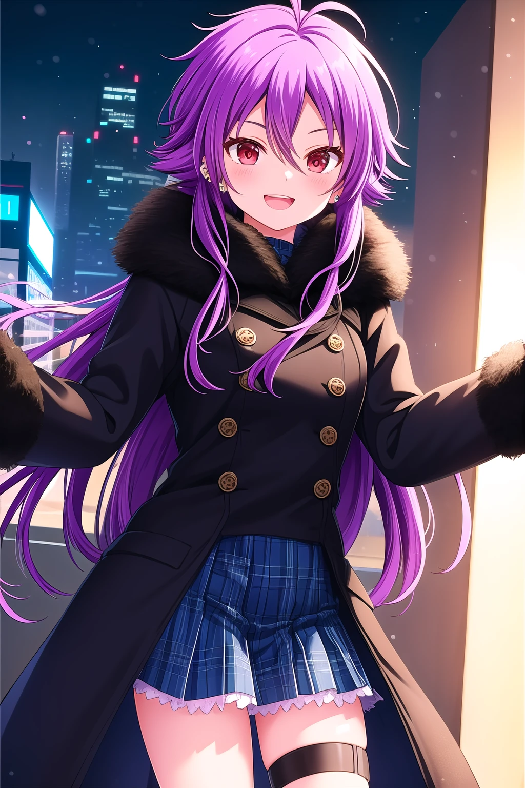 (masterpiece, best quality), highly detailed background, perfect lightingbest quality, shinonomerei, solo, outdoors, city, winter, purple hair, antenna hair, hair between eyes, long hair, messy hair, red eyes, ear piercing, small breasts, black coat, fur trim, long sleeves, blue skirt, plaid skirt, black thighhighs, thigh strap, winter clothes, smile, open mouth, >:d, pink lips, <lora:Shinonome-Rei:0.7>