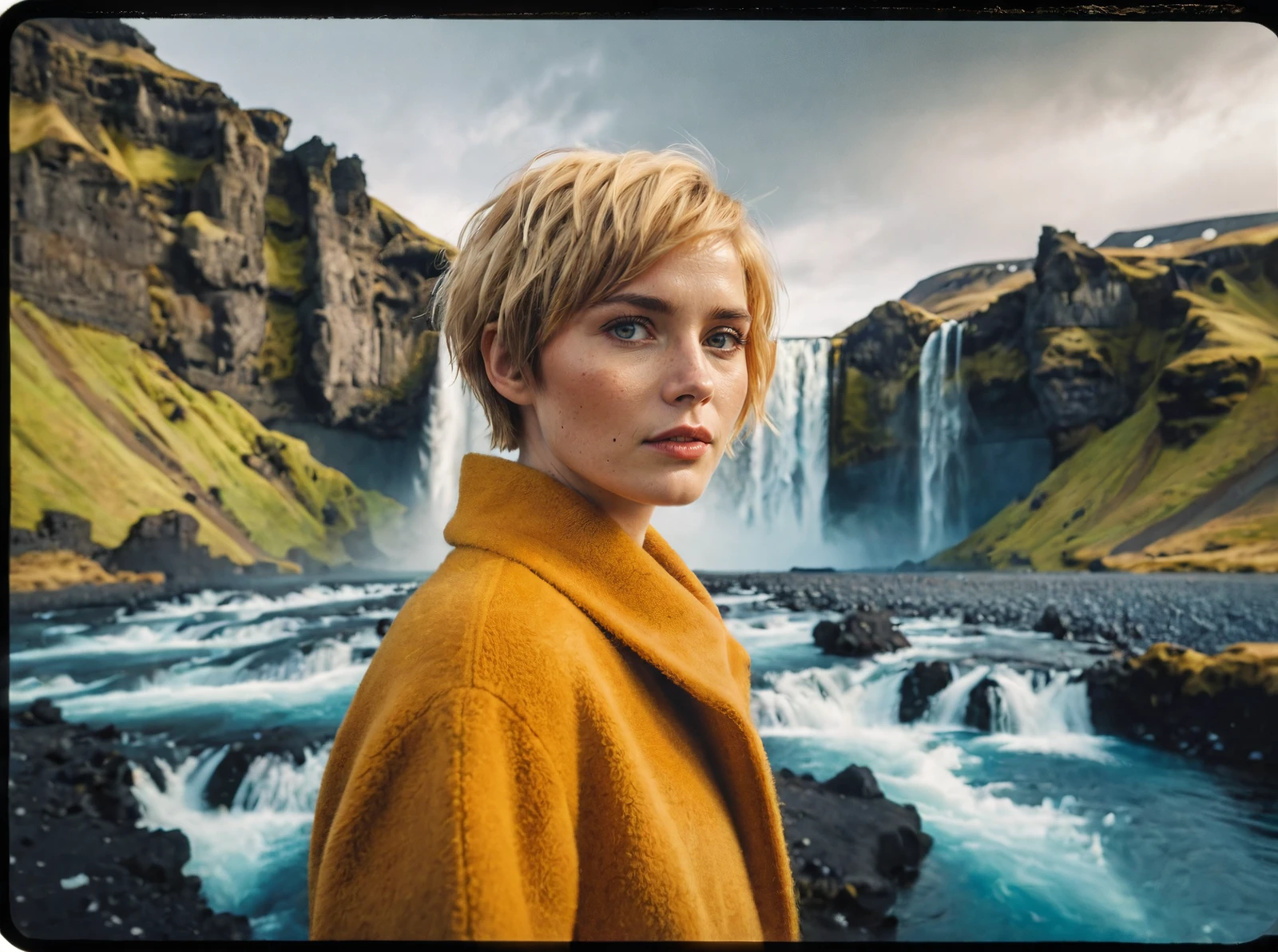 a Gorgeous woman,Short hair,Golden,wide shot,dramatic landscapes of Iceland are like something out of a fairy tale, with waterfalls, glaciers, and volcanic terrain,epic Detailed illustration vibrant extremely hyper aesthetic,Polaroid,short lighting