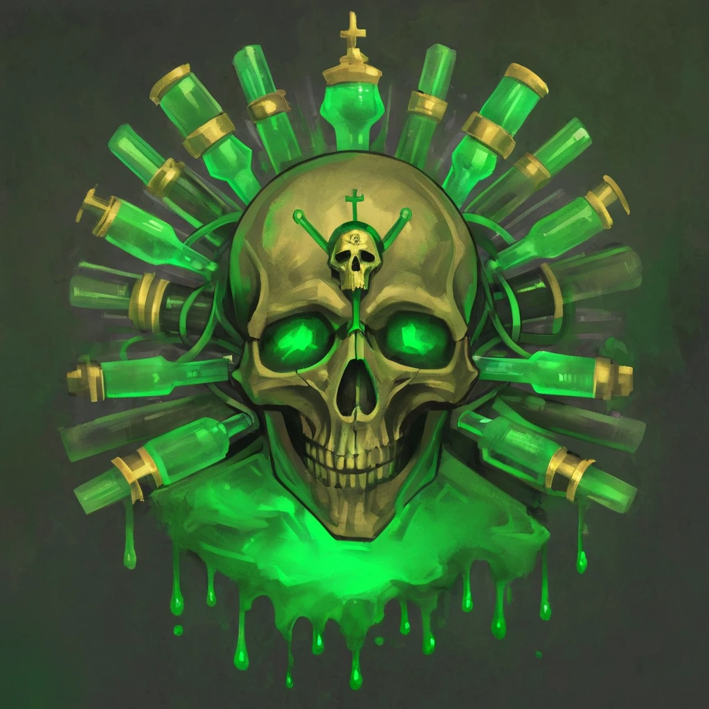 A digital painting of the Venenum Toxin Mastery icon from the Officio Assassinorum. The icon is a skull with a golden "I" on the forehead and a respirator mask covering the nose and mouth. The skull is surrounded by a wreath of green syringes filled with a glowing green liquid. The syringes are connected to the skull by a series of tubes. The icon is set against a dark grey background.
By Balázs Pirók.
<lora:Assassinorum-000009:1>