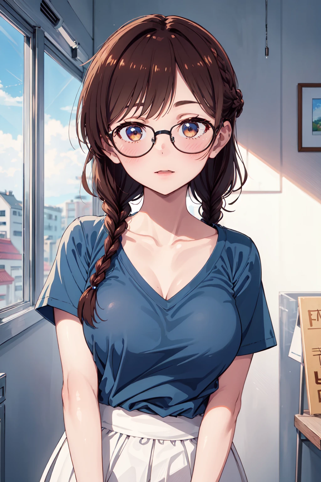 chizurumizuhara, 4k, absurd, high resolution, very high resolution, high definition, masterpiece, upper body, blue t-shirt, v-neck t-shirt, white miniskirt, glasses, black glasses frame, a braid, breasts<lora:EMS-364919-EMS:0.700000>