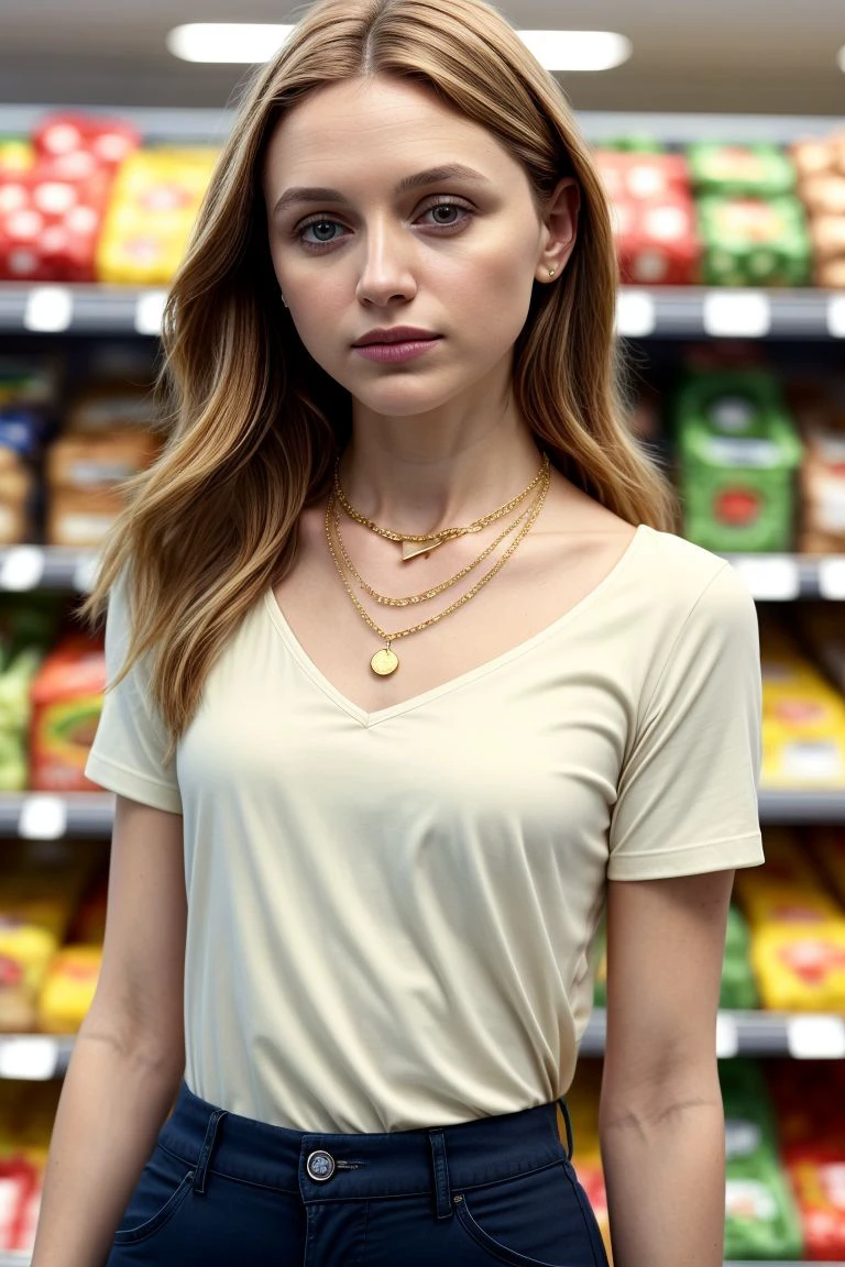 <lora:kawaii7.1.3_obj20:0.75:0.25>, European woman, closeup, (shirt), pants, (grocery store), gold necklace , ZM_hanna, wide shoulders, perfect face, (contact iris: 1.1), pale skin, skin pores , depth of field