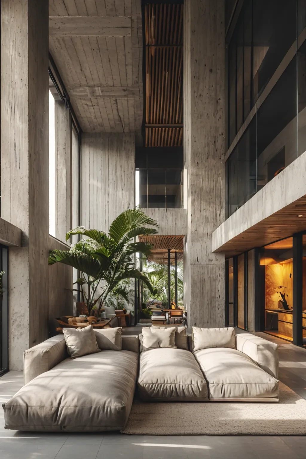 photo, interior, living room, tropical brutalism, sofa, aggregate concrete wall, aggregate concrete floor, potted plant, tall window, day light, warm light, wide angle, atrium, open plan <lora:AIDVN_tropical_brutalism_interior:0.8>