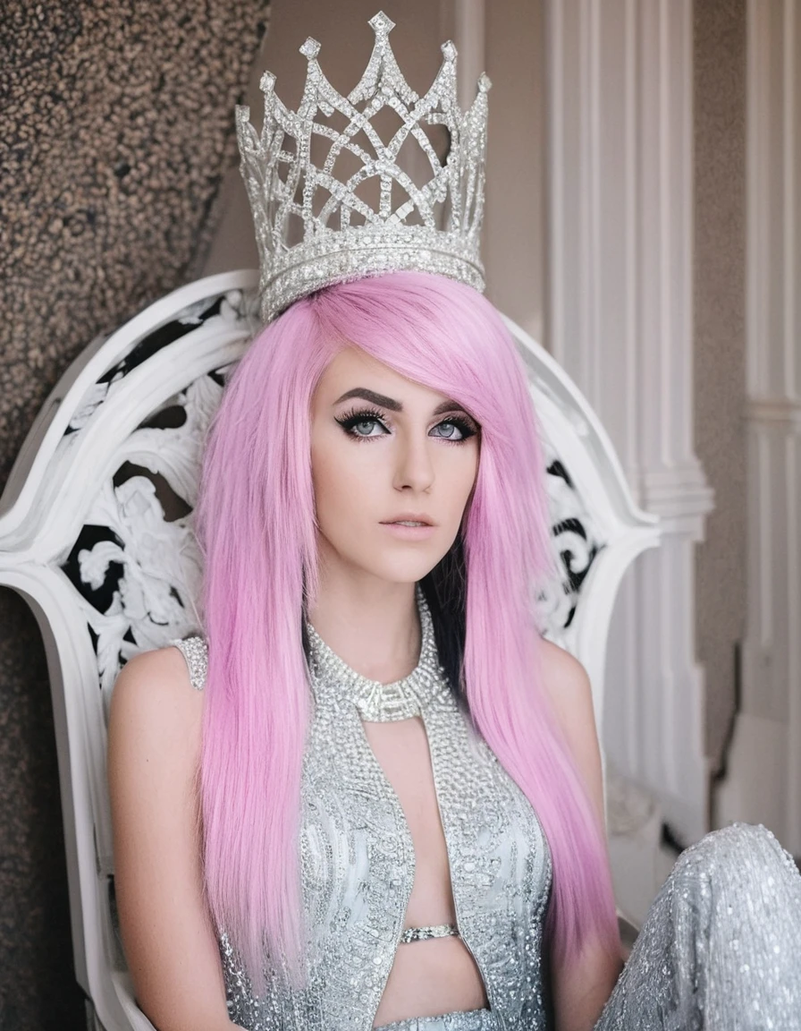 portrait photograph of a Scene-Queen girl on a diamond embedded throne inside a luxurious modern castle, Emo girl, pink hair, long emo hairstyle, detailed face, she a attractive woman, eye lashes, very alluring, <lora:SDXL---vntblk_vanta_shapes_V1.0:1> vntblk  <lora:0F3CD88EF9:1>