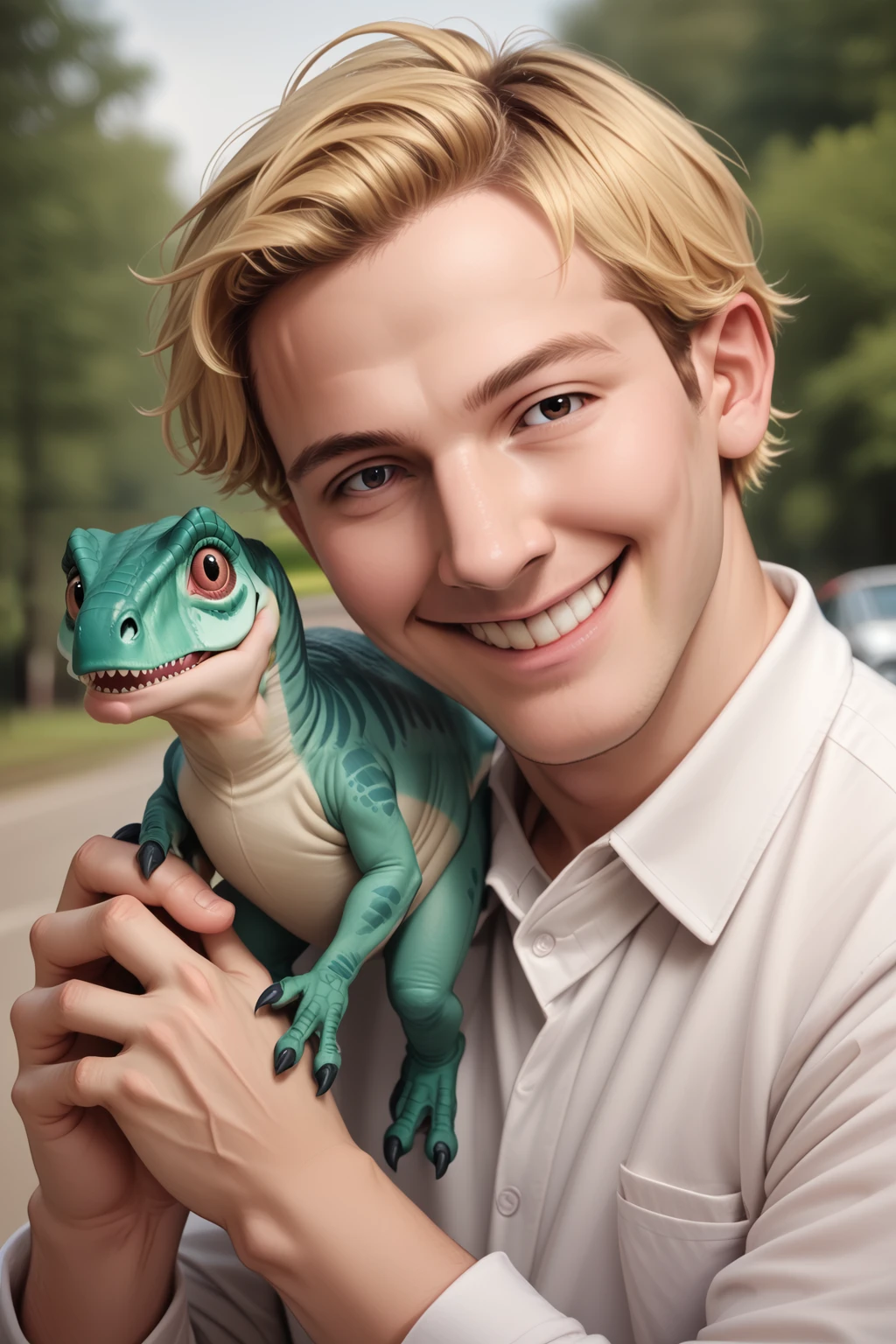 slrzztx, realistic, 1boy, male focus, animal, holding animal, smile, blonde hair, looking at viewer, shirt, solo, teeth, dinosaur, blurry, holding, photo background, outdoors, collared shirt, portrait, white shirt, head tilt, blurry background, PonyXLV6_Scores, <lora:SemiRealPonyXL:0.8>