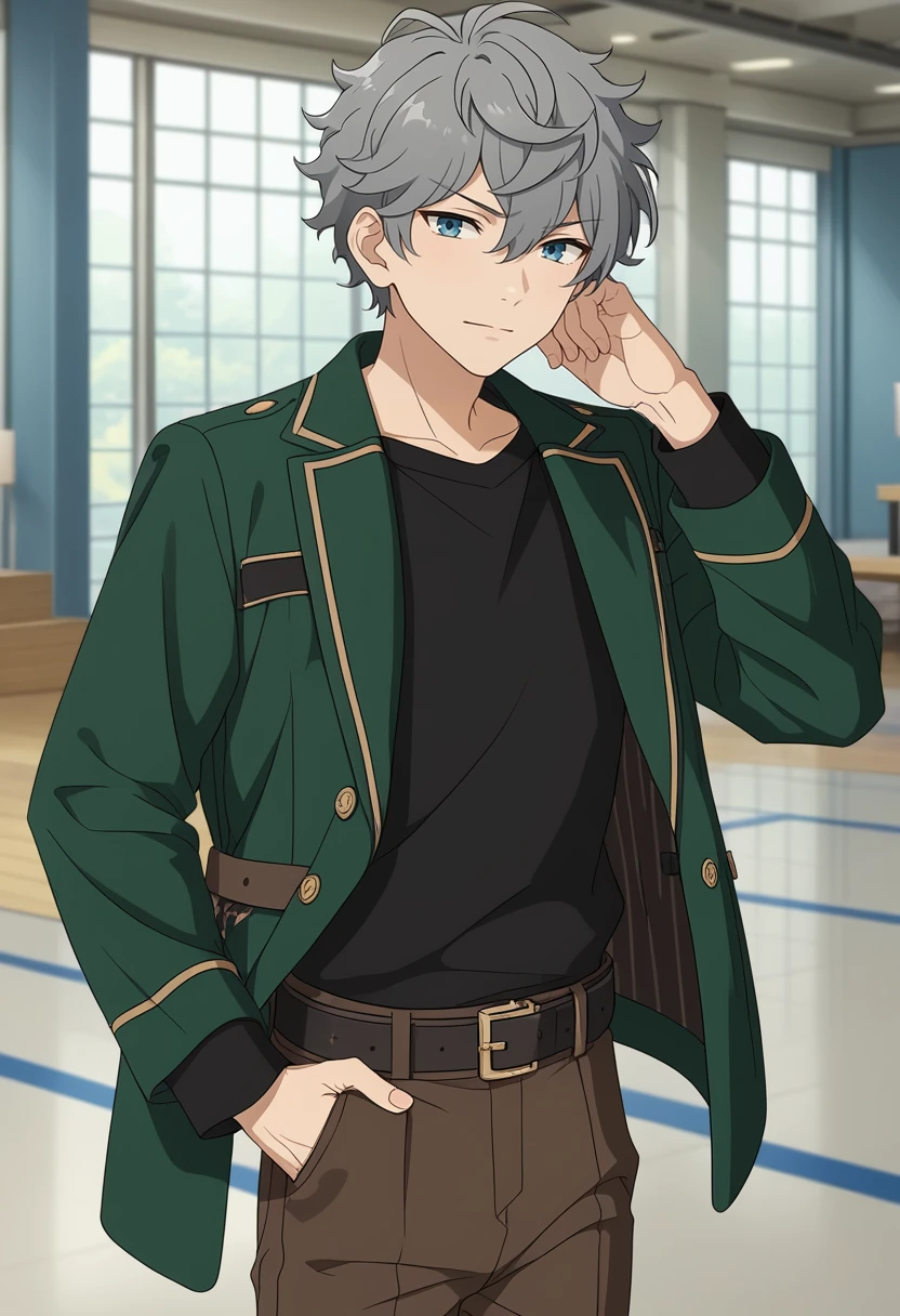 score_9, score_8_up, score_7_up, masterpiece, best quality, cute, male focus, solo, Izumi Sena, grey hair, blue eyes, blue jacket, long sleeves black shirt, belt, brown pants, green jacket<lora:EMS-364746-EMS:1.000000>