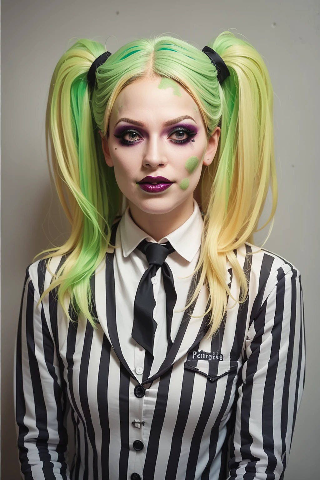 PonyXLV6_Scores, bjzzs, 1girl, solo, makeup, blonde hair, :P, twintails, lipstick, green hair, long hair, striped suit, prison clothes, two tone hair, <lora:BjuicfyPDXL:0.8>