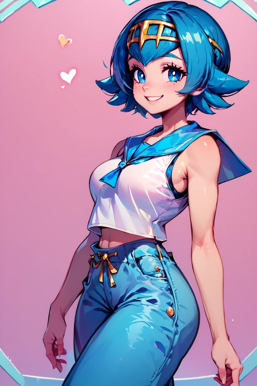 score_9, score_8_up, score_8, medium breasts, (curvy), cute, eyelashes, zzLana, white shirt, sleeveless shirt, yellow hairpiece, sailor collar, blue pants, baggy pants, smile, cowboy shot, looking at viewer, <lora:LanaP3:0.8>, <lora:Vivid:0.8>, <lora:princess_xl_v2:0.8>, embedding:zPDXL,