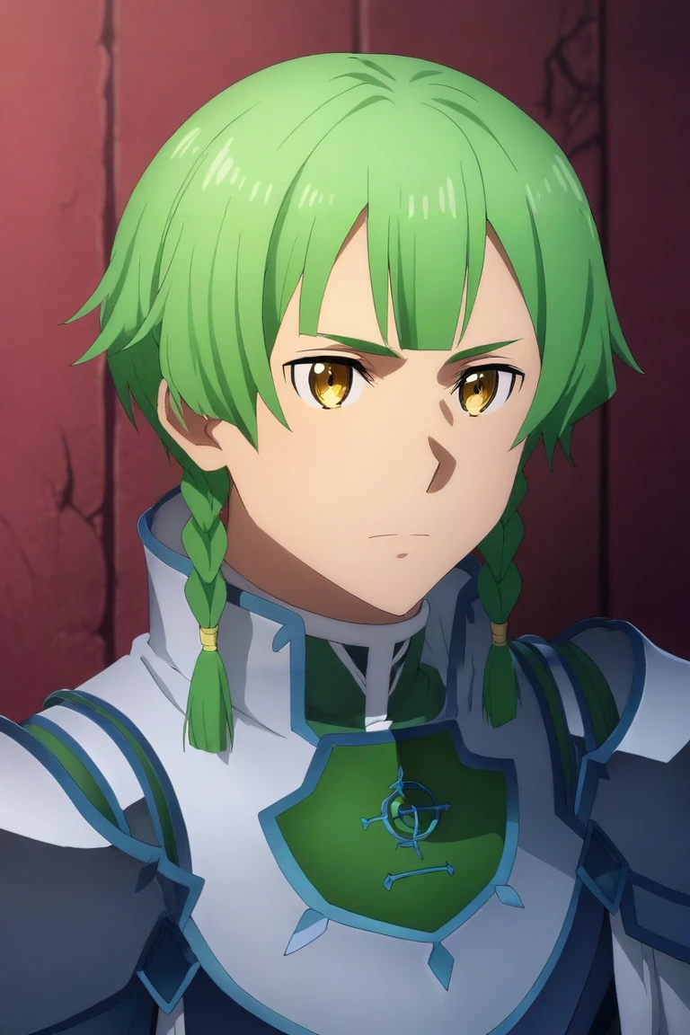 score_9, score_8_up, score_7_up, source_anime, rating_safe, , (realistic:0.6), , depth of field, 1boy, solo, male focus, <lora:renly_sao_pony:0.86>, renly_sao, green hair, yellow eyes, short hair, braid, bangs, twin braids, sidelocks, rule of thirds, great wall of china, dark, twisted torso, speaking, talking, , <lora:sdxl_lightning_8step_lora:1>