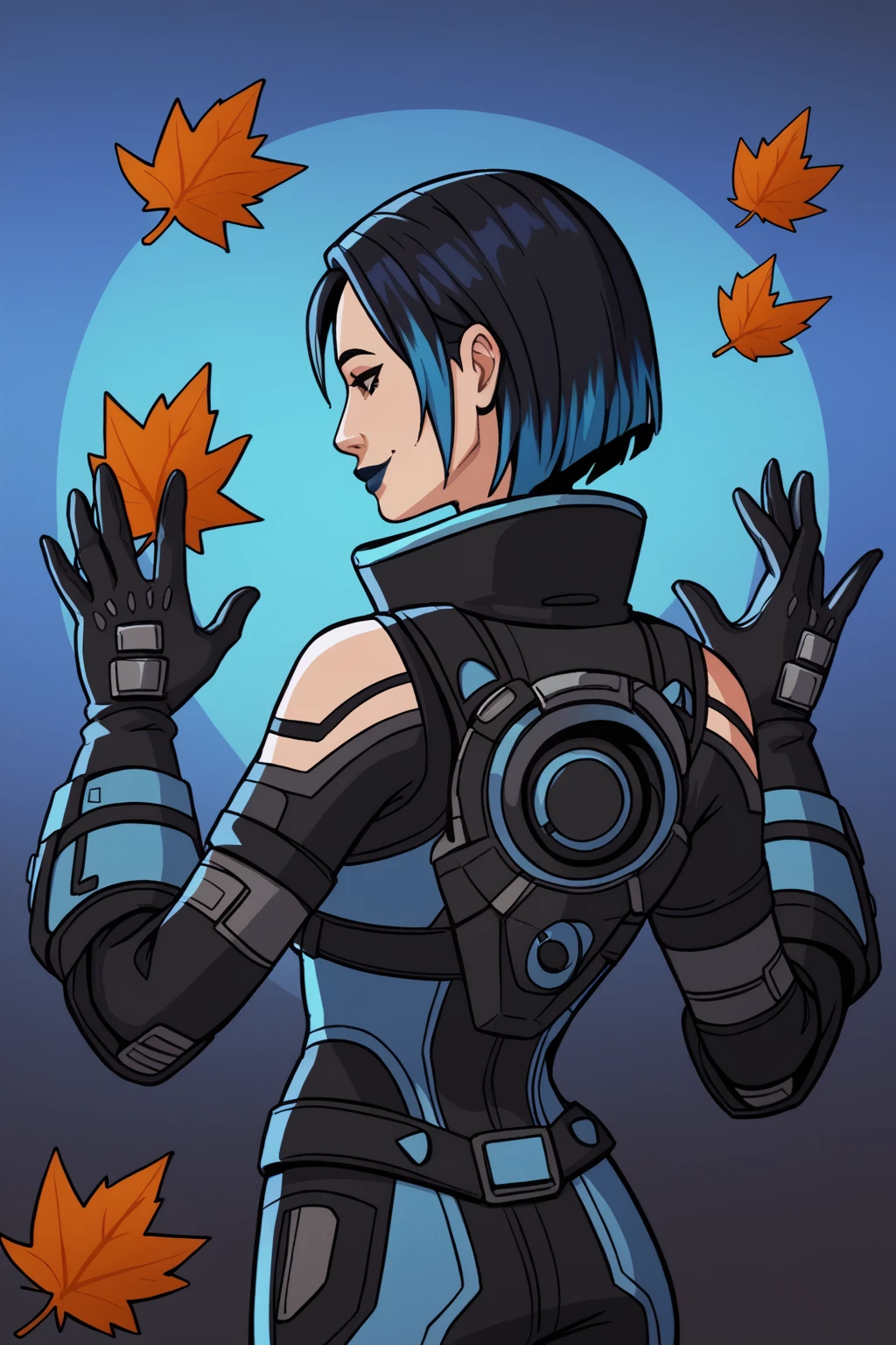 catalystapex, 1girl, back-to-back, black hair, blue background, blue hair, bodysuit, catalystapex, gloves, leaf, lipstick, multicolored hair, multiple girls, night, open hands, portrait, short hair, smile, solo, transgender female, PonyXLV6_Scores, <lora:APEXCATALYSTPDXL:1>