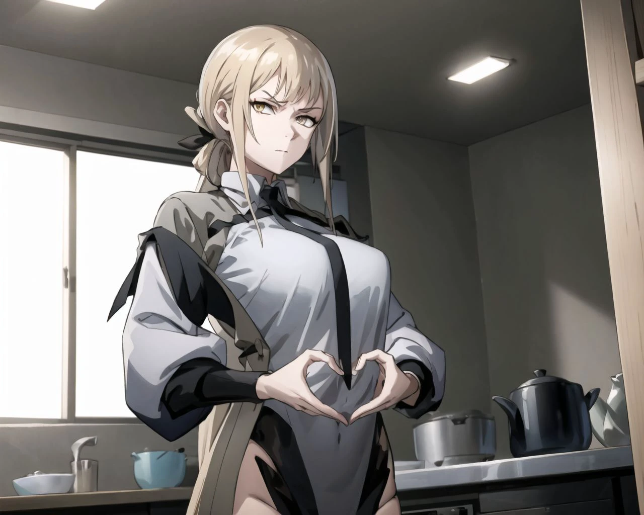 <lora:heart-hands:0.8> (heart hands, own hands together:1)
xianhua_anothereden, normal_style_outfit
1girl, solo, closed mouth
kitchen
golden eyes
long hair
big breasts
:o
looks at viewer
cowboy shot
angry
<lora:xianhua_anothereden:0.7>, highres, ultra detailed