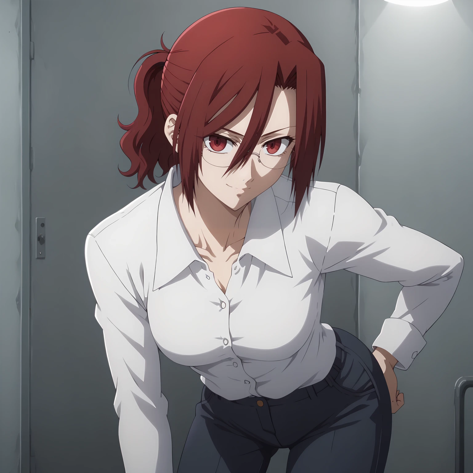 <lora:ToukoAozakiXLpony001>,looking at viewer,smile,
solo,
ToukoAozaki,1girl,red hair,ponytail,red eyes,eyewear,
collared_shirt,white shirt,(shirt_tucked_out:1.2),
pants,
standing,leaning_forward,