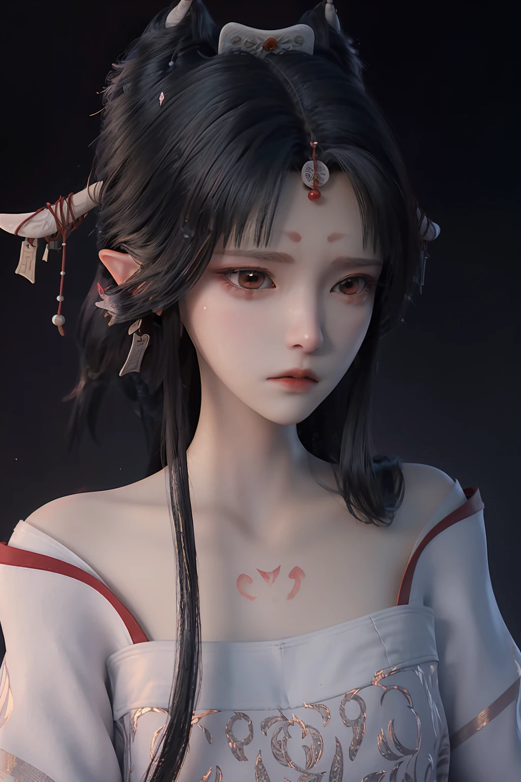 <lora:sanweihu:1>,sanweihu,1girl,solo,black hair,simple background,long hair,portrait,hair ornament,looking at viewer,pointy ears,horns,closed mouth,forehead mark,red eyes,lips,bangs,collarbone,brown eyes,bare shoulders,facial mark,hair stick,(black background:1.4),disappointed,despair,frustrated_brow,streaming_tears,teardrop,tearing_up,tears,badmood,sad,, best quality , masterpiece, illustration, an extremely delicate and beautiful, extremely detailed ,CG,unity,8k wallpaper, Amazing, finely detail, masterpiece, best quality,official art,extremely detailed CG unity 8k wallpaper,absurdres, incredibly absurdres, huge filesize , ultra-detailed, highres, extremely detailed,beautiful detailed girl, extremely detailed eyes and face, beautiful detailed eyes,light on face,