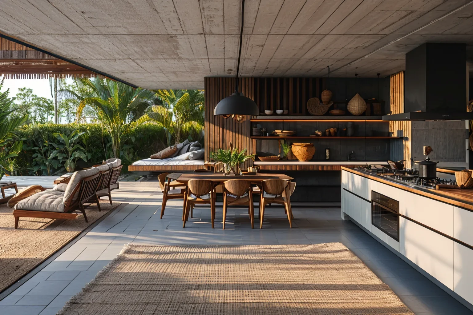 photo, interior, kitchen, tropical brutalism, kichen island, potted plan, exposed concrete ceiling, wooden furniture, wicker lamp, natural light, window, chair, table, wide angle, <lora:AIDVN_tropical_brutalism_interior:0.8>