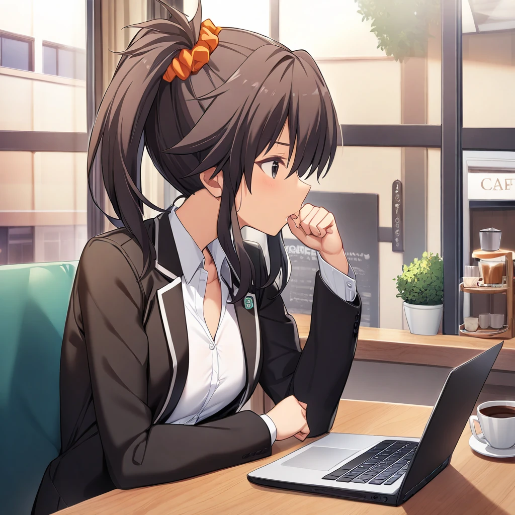 1girl, yuzuri, memories off 8, solo, black blazer, cafe shop, profile, sitting, black legwear, laptop on table, window, afterglow, thinking, hair scrunchie, ray racing, masterpiece, best quality, highly detailed, <lora:yuzuri:1>