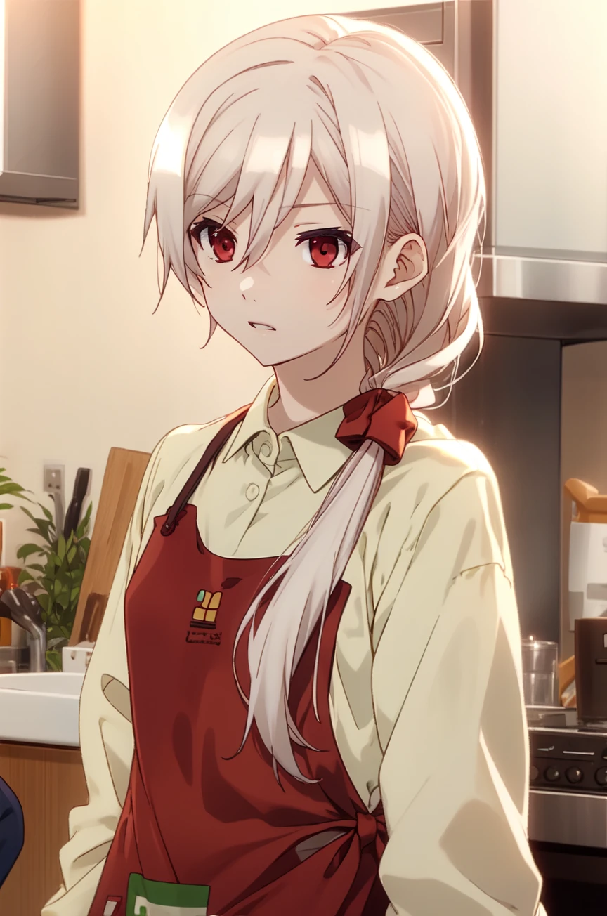 Sella_fk, long hair, hair between eyes, hair ornament, hair over shoulder, side ponytail, long sleeves, apron, bangs, white shirt, polo shirt, green apron,  shirt, bow