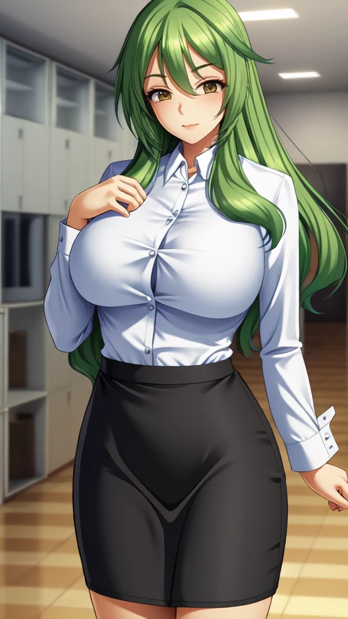 (masterpiece, best quality, very aesthetic, ultra detailed), intricate details, highly detailed background, perfect lightingbest quality, kokonoeshinobu, solo, indoors, office, office lady, green hair, swept bangs, long hair, yellow eyes,  large breasts, black jacket, open jacket, blazer, business suit, white shirt, belt, black skirt, pencil skirt, skirt suit, black pantyhose, smile, open mouth, :d, pink lips, solo, nsfw ,nipple, See Through,