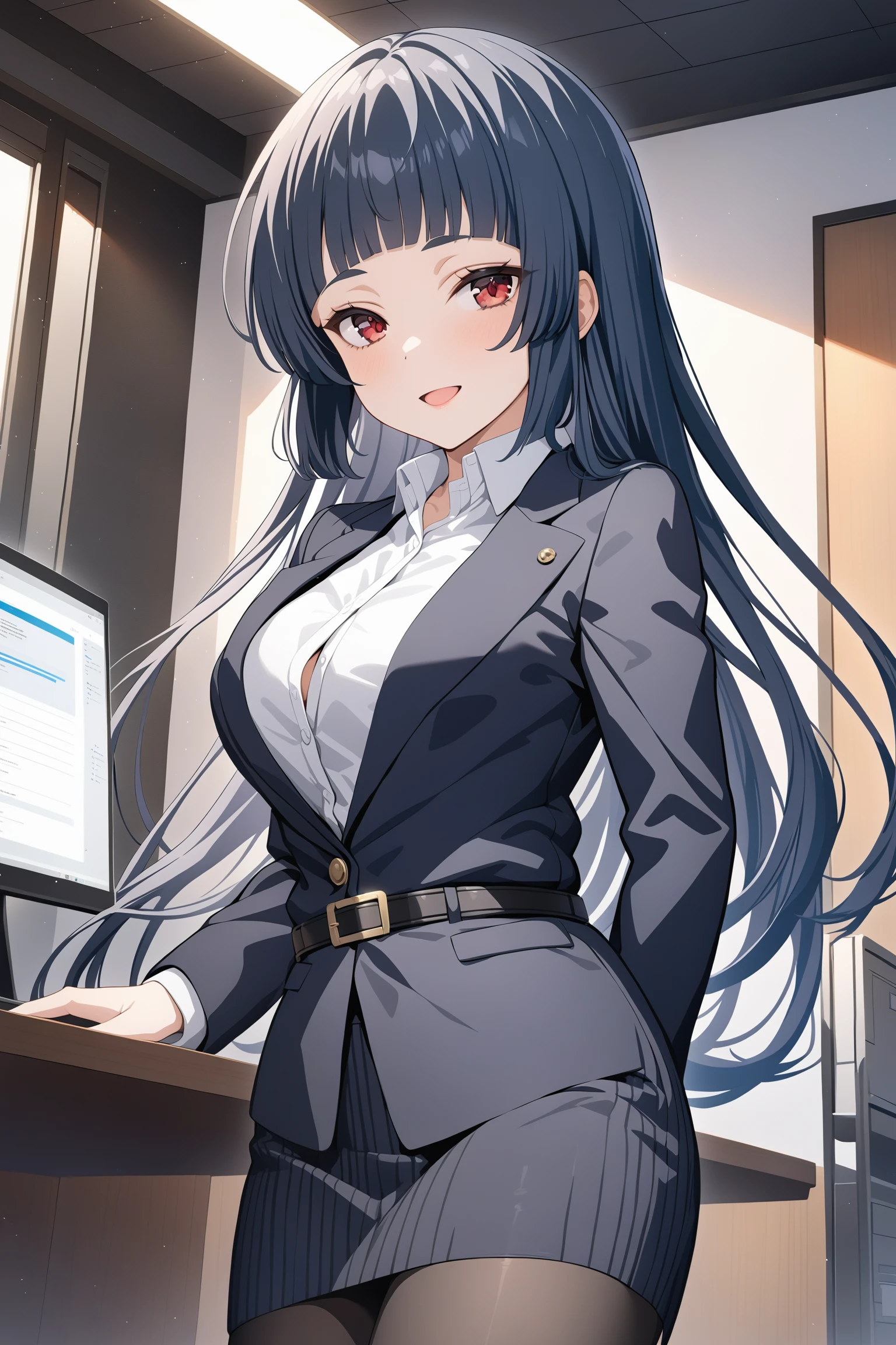 (masterpiece, best quality, very aesthetic, ultra detailed), intricate details, highly detailed background, perfect lightingbest quality, kurokawanagiko, solo, indoors, office, office lady, dark blue hair, blunt bangs, very long hair, red eyes, medium breasts, black jacket, blazer, business suit, suit, white shirt, long sleeves, belt, black skirt, miniskirt, pencil skirt, skirt suit, vertical-striped skirt, black pantyhose, smile, open mouth, :d, pink lips, <lora:Kurokawa-Nagiko-XL-10:0.7>